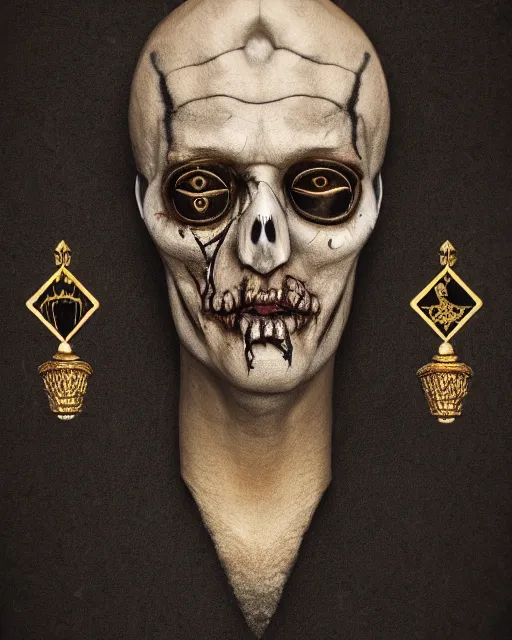 Image similar to realistic portrait of a dead man, dark art, gold, silver ornaments, tarot card, facing camera, photo realistic, detailed, 1 4 5 0, delicate, hyper realism, ultra realistic, 8 k