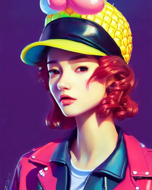 Image similar to pineapple girl wearing a candy hat and leather jacket, fine detail!! anime!! realistic shaded lighting!!, kim hyun joo, pixelated breath, digital painting by ilya kuvshinov, magali villeneuve, artgerm, jeremy lipkin and michael garmash and rob rey