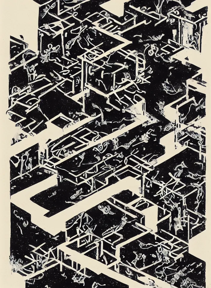 Prompt: carbon by m. c. escher, endre rozsda, wu guanzhong. ink and wash painting, vibrant, calligraphy, woodblock, ink, geometric, 3 d.