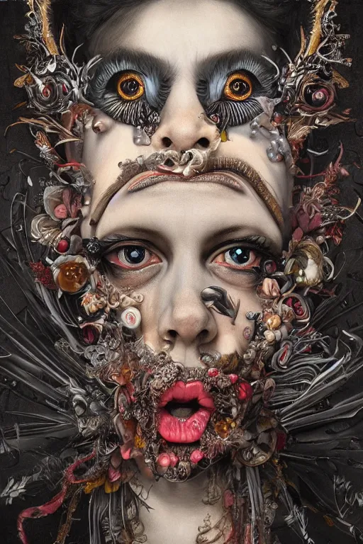 Prompt: Detailed maximalist portrait with large lips and wide white eyes, angry expression, HD 3D mixed media collage, highly detailed and intricate illustration in the style of Caravaggio and James Jean, surreal dark art, baroque