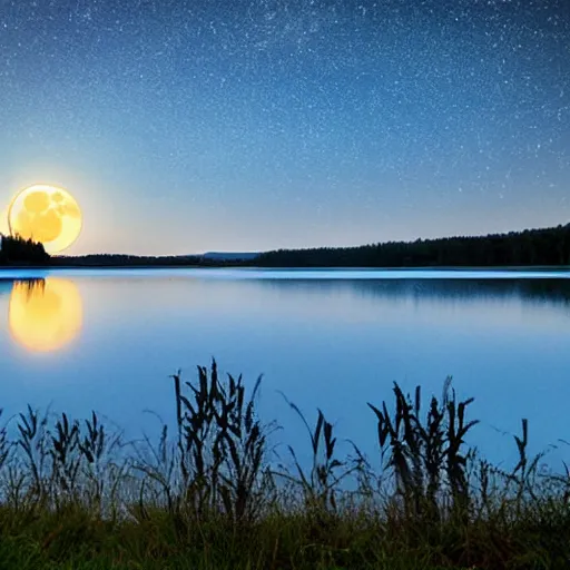 Prompt: harvest moon rising over lake, ethereal, peaceful