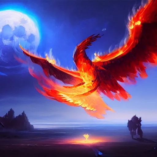 Image similar to blue phoenix flying in front of the moon, glowing light, fire, oil painting by greg rutkowski, 8 k