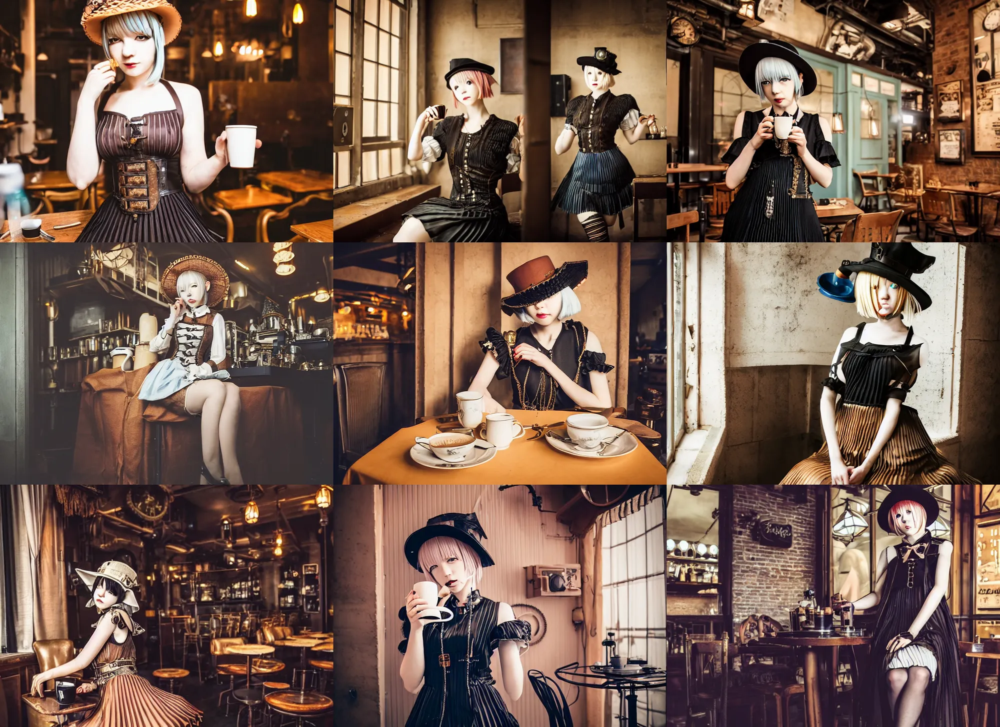 Prompt: full body portrait photo of reol wearing a elegant pleated steampunk dress, open top, wearing a cute hat, drinking coffee in a ( ( busy ) ) steampunk cafe interior, dim studio lighting, at night, ( ( photograph ) ), moody, realistic, detailed, low light, skin tinted a warm tone, light blue filter