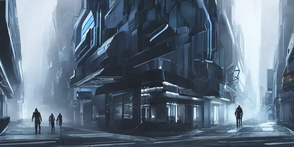 Prompt: a futuristic exterior mass effect and bladerunner building, large pipes, metal cladding wall, lots of wires, very narrow street, environment fog, dark and moody