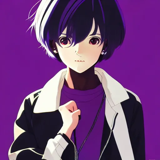 Prompt: anime poster film still portrait, black young woman, large, purple eyes!!!, white french bob, bomber jacket, detailed facial features, dynamic pose, cute face by ilya kuvshinov, yoh yoshinari, makoto shinkai, rimlight, cel shaded, 4 k