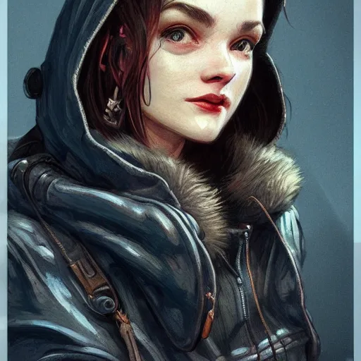 Image similar to character portrait of a 1950s girl in a hoodie, dystopian cyberpunk steampunk mood, intricate, wild, highly detailed, digital painting, artstation, upper body, concept art, smooth, sharp focus, illustration, art by artgerm and greg rutkowski and alphonse mucha