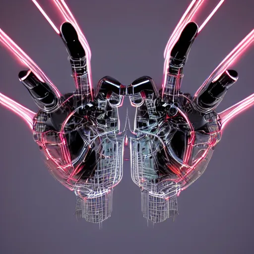 Prompt: robot's Heart-shaped fingers, two hang, Five fingers on the hand, a close up, white steel, white metal, extreme details, vertical symmetry, colourful lighting, steel joint, Wires, Mechanisms, unreal engine 5, artstationHD, 4k, 8k, 3d render, 3d Houdini, cinema 4d, octane,