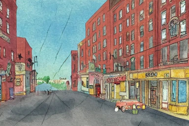 Prompt: a whimsical storybook illustration of a small town main street from the 1 9 5 0 s with a line of brick buildings with business signs over the doors and some late 1 9 5 0 s cars on the road in front of the buildings, lowbrow pop art style watercolor,