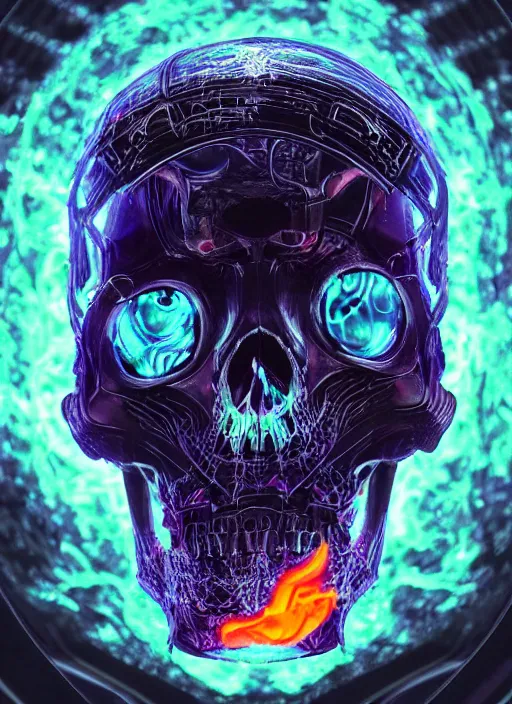 Image similar to a futuristic skull with glowing eyes and a flame fire background, cyberpunk art by android jones, behance contest winner, computer art, darksynth, synthwave, rendered in cinema 4 d