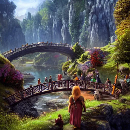 Prompt: hobbits with dwarves and a wizard walk along the bridge to rivendell, the elves warmly welcome them, very beautiful elves'settlements are visible in the trees in the distance, blue clear sky, vivid color, highly detailed, digital painting, artstation, matte, sharp focus, impressionnisme, art by shishkin and kuindzhi