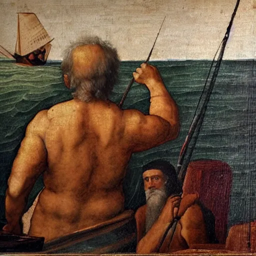 Image similar to a renaissance oli painting of an old man in a skiff at sea. The old man is the center of the painting, and the focus of the composition. He is shown in profile, with his back to the viewer. He is leaning back, using all his strength to reel in the marlin. His face is sweaty and strained, and his arms are shaking. The marlin is huge, and its body is thrashing around in the water. The boat is small and insignificant compared to the marlin, and it is being pulled towards the fish. The painting is rendered in a realistic style, with accurate details and lifelike colors. The brushwork is loose and expressive, conveying the movement and energy of the scene. The overall effect is one of drama and suspense. The water in the painting is a deep blue color. It is choppy and turbulent, reflecting the struggle of the old man and the marlin.