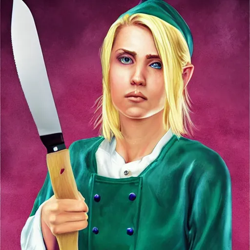 Prompt: Hard-eyed elf woman with short blonde hair wearing a kitchen maid's uniform and holding a chef's knife, standing in the rain, Dungeons and Dragons, character portrait, hyper realism, colorful