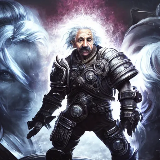 Image similar to Portrait of Albert Einstein, League of Legends amazing splashscreen artwork, Gears of War, splash art,natural light, elegant, photorealistic facial features, intricate, fantasy, detailed face, atmospheric lighting, anamorphic lens flare, cinematic lighting, league of legends splash art, hd wallpaper, ultra high details by Greg rutkowski