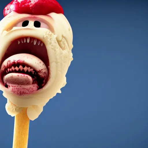 Image similar to ice cream popsicle shaped like screaming chucky doll, octane render, centered, slightly melted