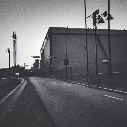 Prompt: a road next to warehouses, and a hill behind it with a radio tower on top, instant camera, sharp focus, sunset