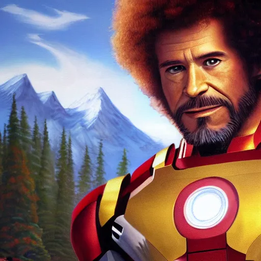 Prompt: a closeup photorealistic photograph of bob ross detailing a canvas painting of iron man. mountains and trees. film still. brightly lit scene. this 4 k hd image is trending on artstation, featured on behance, well - rendered, extra crisp, features intricate detail, epic composition and the style of unreal engine.