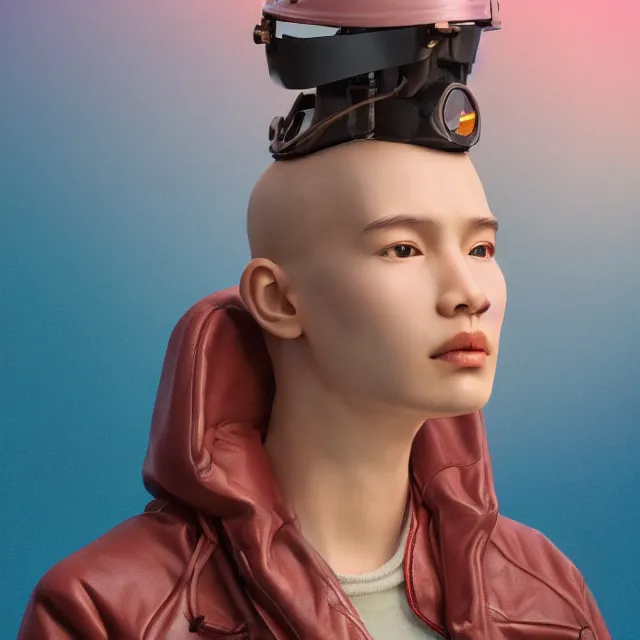 Image similar to highly detailed close portrait of androgynous girl wearing bakelite leather jacket, bakelite rocky mountains, japanese haunted forest, by hsiao - ron cheng and artgerm, modular synthesizer helmet backpack, the grand budapest hotel, glow, no crop, digital art, artstation, pop art, 1 0 5 mm canon, f 2. 8, kodak