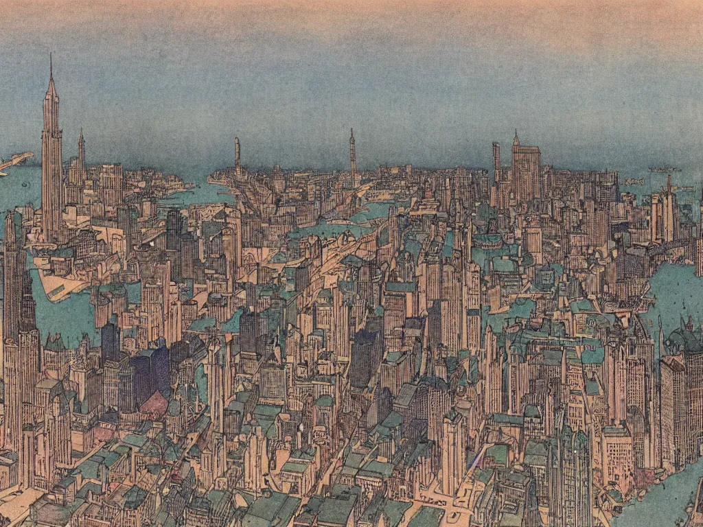 Prompt: highly detailed illustration of the milwaukee skyline, by edmund dulac and android jones, scans from museum collection