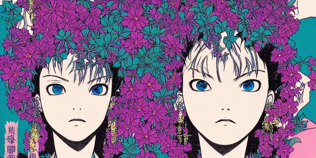 Image similar to risograph grainy drawing of neo - tokyo anime - like hero girl protagonist face, dull colors, with huge earrings, face covered with plants and flowers, by moebius and dirk dzimirsky and satisho kon, latex, close - up wide portrait, epic sad, perfect blue