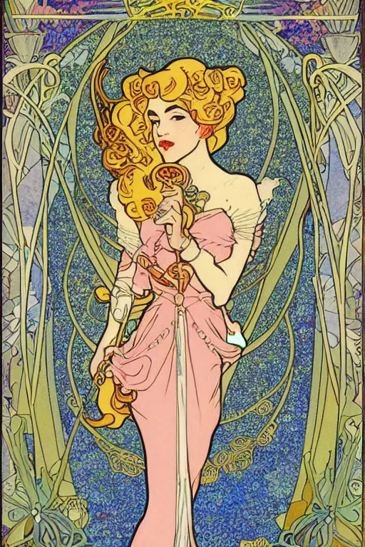 Image similar to full length painting of princess - peach!!!!!!! art nouveau, tarot card by mucha, gaudy colors, sharp edges, intricate line - work.