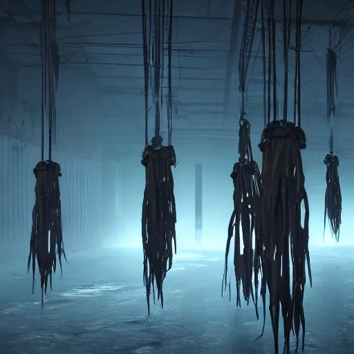 Image similar to illustration of rows of limp homunculus hanging like clothing in an ice box, rolling fog, cyberpunk, dystopian, dramatic lighting, unreal engine 5