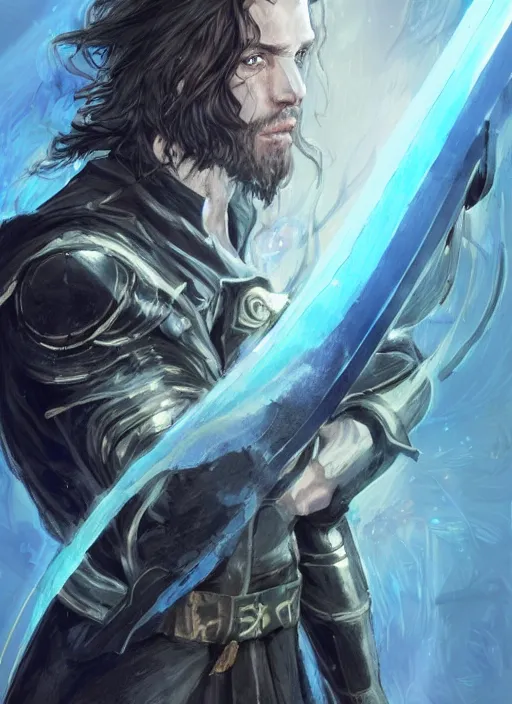 Prompt: character concept portrait of an attractive young intense dark long haired wizard with a brand mark on his forehead and glowing blue eyes, wearing shining fantasy knights armor, conjuring a giant sword in his right hand, a floating iridescent woman fairy flies around, intricate, elegant, digital painting, concept art, smooth, sharp focus, illustration, from Metal Gear, by Ruan Jia and Mandy Jurgens and William-Adolphe Bouguereau, Artgerm