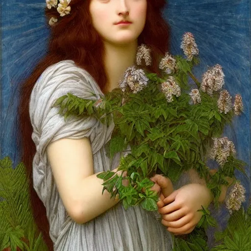 Prompt: Beautiful Pre-Raphaelite goddess of nature in the style of John William Godward, close-up portrait, in focus, flowers and plants, etheric, moody, intricate, mystical,