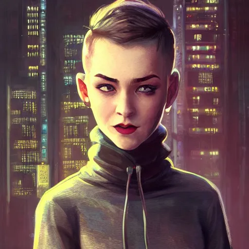 Image similar to character portrait of a 1950s girl in a hoodie, pixie cut, shaved side of head, dystopian cyberpunk steampunk soviet mood, intricate, wild, highly detailed, digital painting, artstation, upper body, concept art, smooth, sharp focus, illustration, art by artgerm and greg rutkowski and alphonse mucha