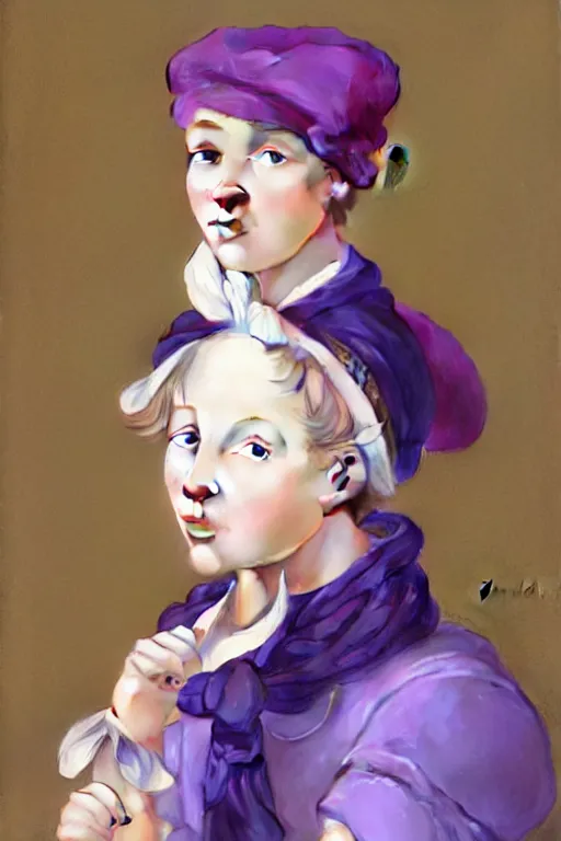 Image similar to Full View girl with short blond hair wearing an oversized purple Beret, Baggy Purple overall shorts, Short Puffy pants made of silk, silk shoes, a big billowy scarf, Golden Ribbon, and white leggings Covered in stars. Short Hair. masterpiece 4k digital illustration by Ruan Jia and Mandy Jurgens and Artgerm and william-adolphe bouguereau, award winning, Artstation, art nouveau aesthetic, Alphonse Mucha background, intricate details, realistic, panoramic view, Hyperdetailed, 8k resolution, intricate art nouveau