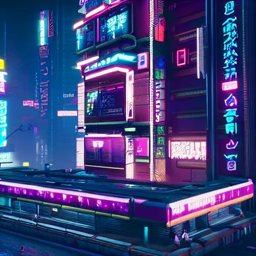 Prompt: A cyberpunk building from Cyberpunk 2077 at night, it functions as an apartment building, Neon japanese signs