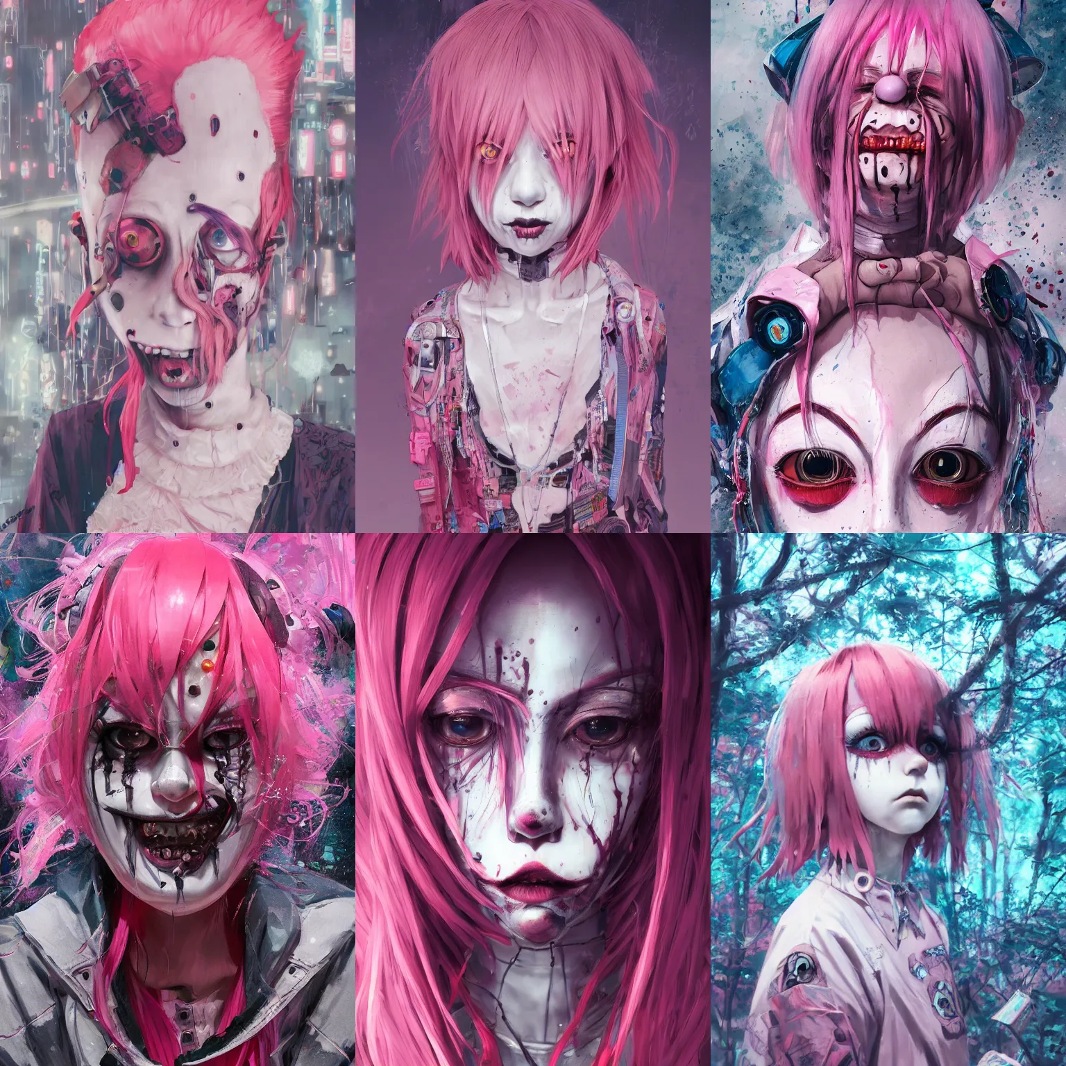 Image similar to by kyoto animation, very creepy clown girl pink hair, tears from the eyes, wearing cyberpunk intricate streetwear, beautiful, detailed portrait, intricate complexity, ilya kuvshinov, cell shaded, 4 k, concept art, by wlop, ilya kuvshinov, greg rutkowski, sharp focus, volumetric lighting, cinematic lighting