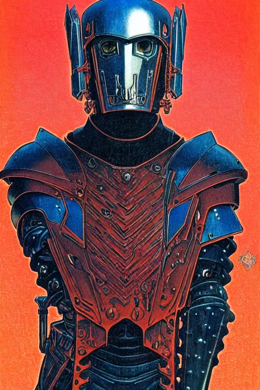 Prompt: portrait of gothic and futuristic young man, warhammer, cyber armor, a lot of scars, thunderstorm, blue head, red eyes, the middle ages, highly detailed, artstation, in the style of moebius, jugendstil and classic japanese print, art by vincent disederio and jean delville