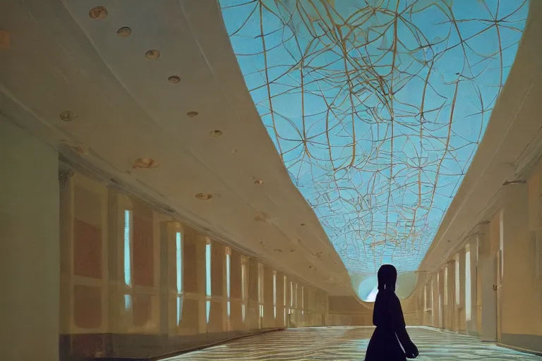 Image similar to giant flower head, girl walking in 1 9 6 0 hotel, surreal, symmetry, flat space, fanciful, hue, detailed, wes anderson