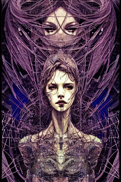 Image similar to dreamy cyberpunk girl, abstract mirrors, digital nodes, beautiful woman, detailed acrylic, grunge, intricate complexity, by dan mumford and by alberto giacometti, arthur rackham