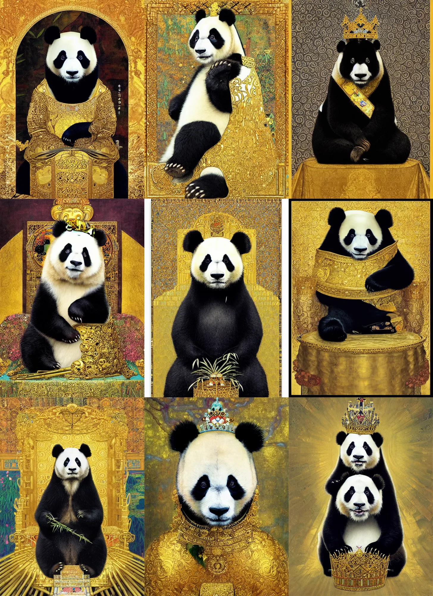 Prompt: “A majestic portrait of a panda wearing a crown, on a golden bamboo throne, titian,gustav klimt, alphonse mucha, Tom Bagshaw, Sam Spratt, maxfield parrish,high detail, 8k, underwater light rays, intricate, royalty, vibrant monochromatic colors, black white and gold”