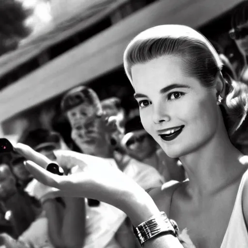 Image similar to selfie smartphone photo of a young Grace Kelly at the Monaco Gran Prix, F1 cars blurred in background, iphone photo, smartphone resolution, trending on instagram, influencer photography