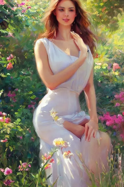 Image similar to portrait of a beautiful woman in the garden, morning, highly detailed, ultrarealistic oil painting, vladimir volegov, artstation