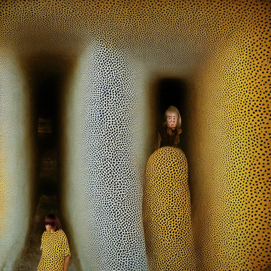 Prompt: 7 0 s movie still of a white female japanese phantom with trypophobia in a yellow wall soviet tunnel, cinestill 8 0 0 t 3 5 mm eastmancolor, heavy grain, high quality, high detail