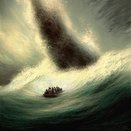 Image similar to by alejandro burdisio, by honore daumier atmospheric, hideous. the digital art of a huge wave about to crash down on three small boats. the boats are filled with people, & they all look terrified.