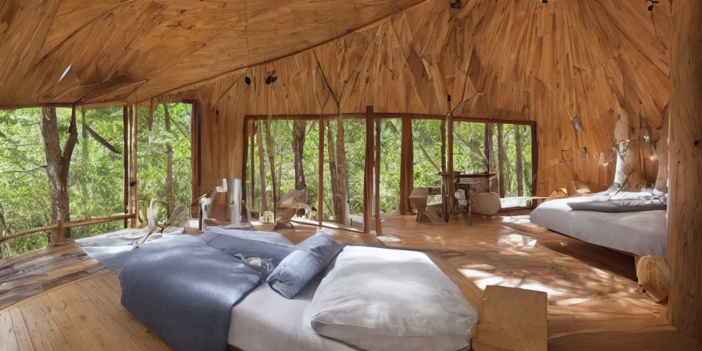 Image similar to interior of an epic treehouse. modern design, window viewing forest canopy, wooden bridge