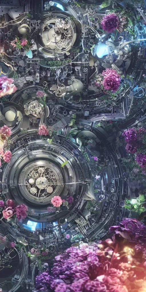 Image similar to a lovely mechanical cornucopia of flowers, sci-fi futuristic, utopian, machine parts, wires, circuits, highly detailed, octane render, cinematic