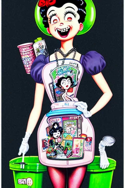 Prompt: full view, from a distance, of anthropomorphic trashcan who is betty boop from 1 9 3 0, full of trash, style of yoshii chie and hikari shimoda and martine johanna, highly detailed