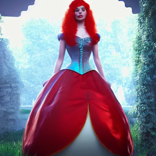 Image similar to red head queen gown, full body, alice in wonderland theme, disney photo realistic, octane render, 8 k, unreal engine, hd, cinematic lighting