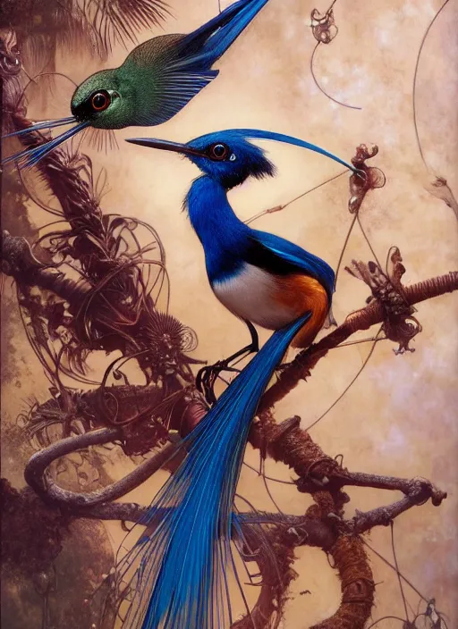 Image similar to hyper realistic paradise flycatcher, refined details, denoised, birds eye view, magical, gems, jewels, gold, steampunk, cyberpunk utopia, painted by tom bagshaw, mucha, gaston bussiere, craig mullins, j. c. leyendecker 8 k