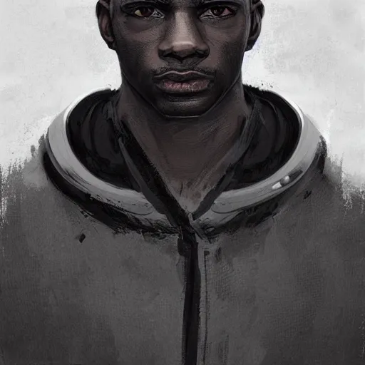 Prompt: Portrait of a black man by Greg Rutkowski, he is about 30 years old, short hair, manly, attractive, smart looking, tall and slim, he is wearing a utilitarian gray and black jumpsuit, highly detailed portrait, scifi, digital painting, artstation, concept art, smooth, sharp foccus ilustration, Artstation HQ