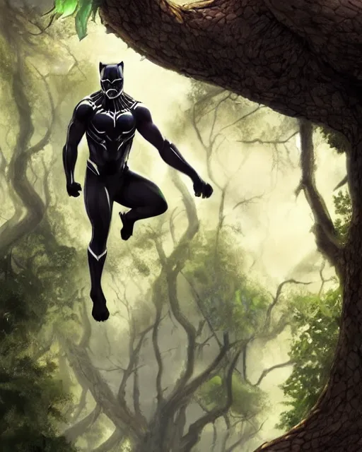 Prompt: Black Panther in a tree looking directly at you, octane render, concept art, smooth, sharp focus, illustration, sigma, rule of thirds, from Marvel Studios, by Peter Mohrbacher