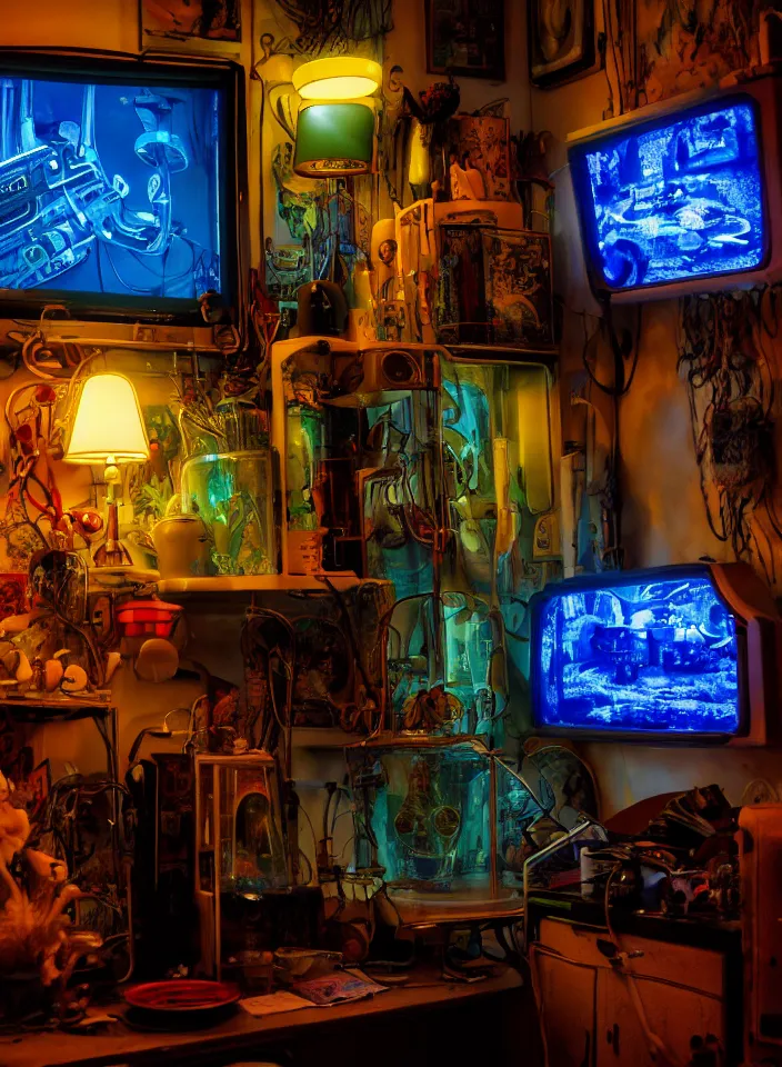 Image similar to telephoto 7 0 mm f / 2. 8 iso 2 0 0 photograph depicting the feeling of chrysalism in a cosy cluttered french sci - fi ( ( art nouveau ) ) cyberpunk apartment in a dreamstate art cinema style. ( ( computer screens, sink ( ( ( fish tank ) ) ) ) ), ambient light.