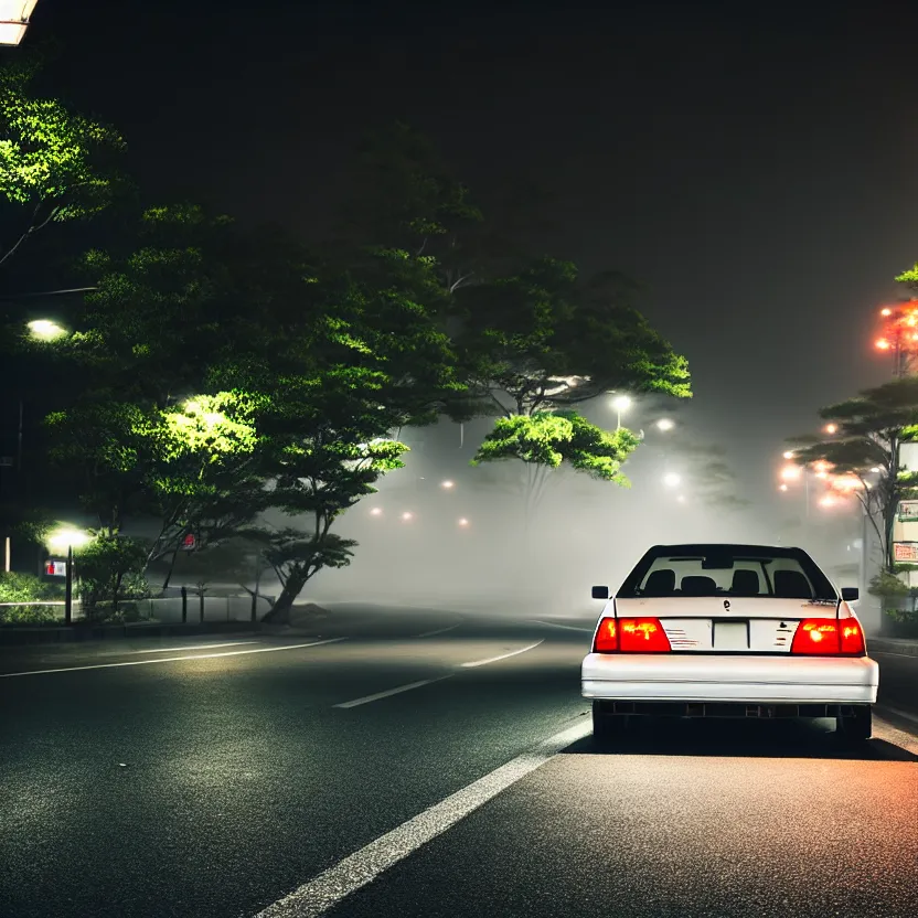 Image similar to one car JZX90 twin turbo drift middle of empty street, misty kanagawa prefecture, night, cinematic color, photorealistic, highly detailed,