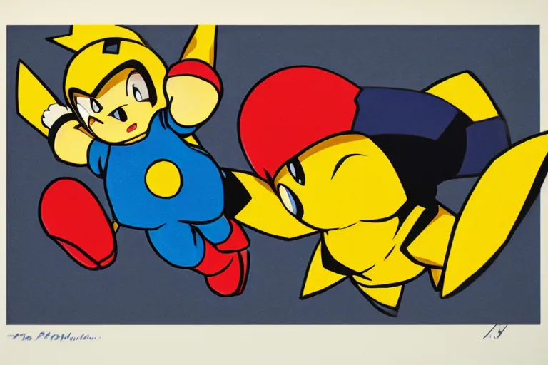 Prompt: Megaman as Pikachu lithography