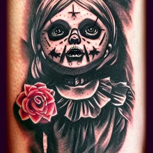 Image similar to tattoo of the annabelle doll, dark, scary, horror, high detail